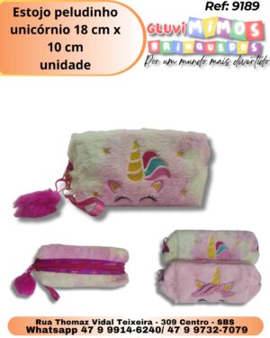 Estojo peludinho unicórnio 18 cm x 10 cm / unidade