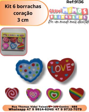 Kit 6 borrachas coração 3 cm