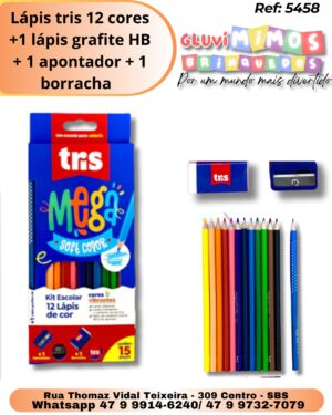 Lápis tris 12 cores +1 lápis grafite HB + 1 apontador + 1  borracha