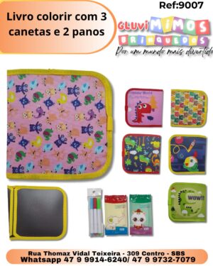 Livro colorir com 3 canetas e 2 panos