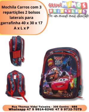 Mochila Carros com 3 repartições 2 bolsos laterais para garrafinha 40 x 30 x 17 A x L x P