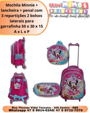Mochila Minnie + lancheira + penal com 3 repartições 2 bolsos laterais para garrafinha 50 x 30 x 15 A x L x P