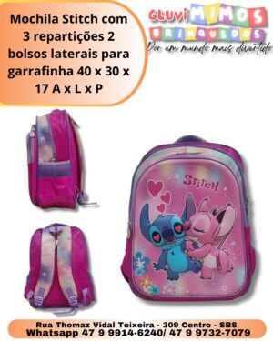 Mochila Stitch com 3 repartições 2 bolsos laterais para garrafinha 40 x 30 x 17 A x L x P