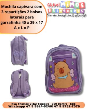 Mochila capivara com 3 repartições 2 bolsos laterais para garrafinha 40 x 29 x 17 A x L x P