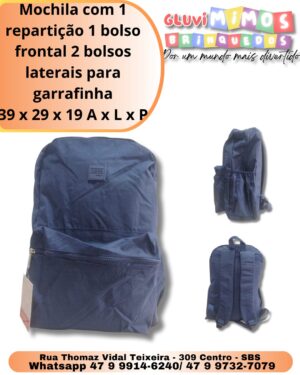 Mochila com 1 repartição 1 bolso frontal 2 bolsos laterais para garrafinha 39 x 29 x 19 A x L x P