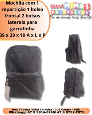 Mochila com 1 repartição 1 bolso frontal 2 bolsos laterais para garrafinha 39 x 29 x 19 A x L x P