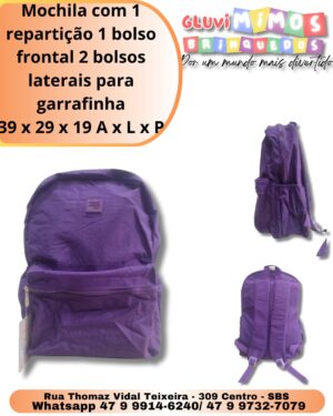 Mochila com 1 repartição 1 bolso frontal 2 bolsos laterais para garrafinha 39 x 29 x 19 A x L x P
