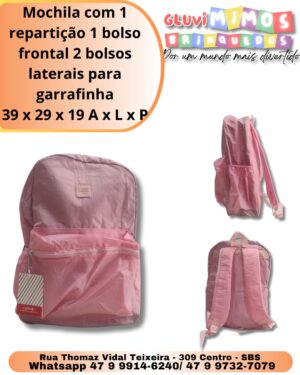 Mochila com 1 repartição 1 bolso frontal 2 bolsos laterais para garrafinha 39 x 29 x 19 A x L x P
