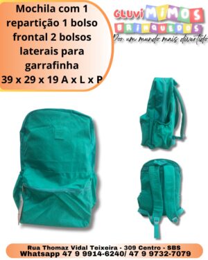Mochila com 1 repartição 1 bolso frontal 2 bolsos laterais para garrafinha 39 x 29 x 19 A x L x P