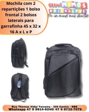 Mochila com 2 repartições 1 bolso frontal 2 bolsos laterais para garrafinha 45 x 32 x 16 A x L x P
