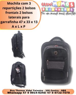 Mochila com 3 repartições 2 bolsos frontais 2 bolsos laterais para garrafinha 47 x 33 x 13 A x L x P