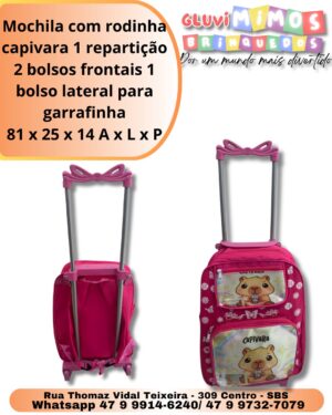 Mochila com rodinha  capivara 1 repartição 2 bolsos frontais 1 bolso lateral para garrafinha 81 x 25 x 14 A x L x P