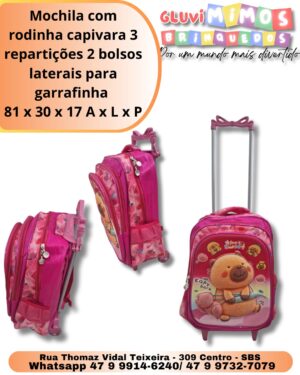 Mochila com rodinha capivara 3 repartições 2 bolsos laterais para garrafinha  81 x 30 x 17 A x L x P