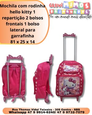 Mochila com rodinha  hello kitty 1 repartição 2 bolsos frontais 1 bolso lateral para garrafinha 81 x 25 x 14