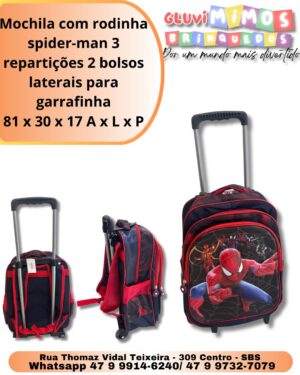 Mochila com rodinha  spider-man 3 repartições 2 bolsos laterais para garrafinha 81 x 30 x 17 A x L x P