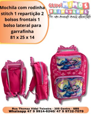 Mochila com rodinha  stitch 1 repartição 2 bolsos frontais 1 bolso lateral para garrafinha 81 x 25 x 14