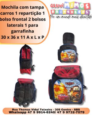 Mochila com tampa carros 1 repartição 1 bolso frontal 2 bolsos laterais 1 para garrafinha 30 x 36 x 11 A x L x P