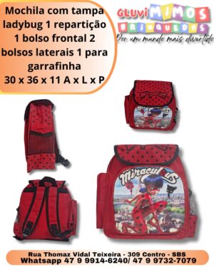 Mochila com tampa ladybug 1 repartição 1 bolso frontal 2 bolsos laterais 1 para garrafinha 30 x 36 x 11 A x L x P