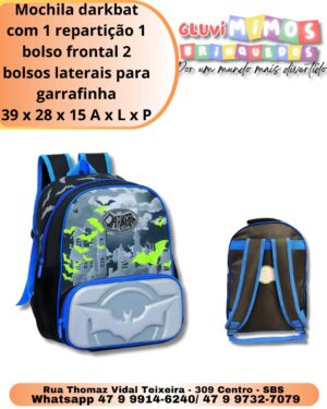 Mochila darkbat com 1 repartição 1 bolso frontal 2 bolsos laterais para garrafinha 39 x 28 x 15 A x L x P
