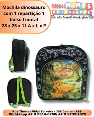 Mochila dinossauro com 1 repartição 1 bolso frontal 28 x 25 x 11 A x L x P