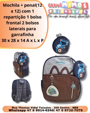 Mochila + penal ( 12 x 12 ) com 1 repartição 1 bolso frontal 2 bolsos laterais para garrafinha 30 x 28 x 14 A x L x P