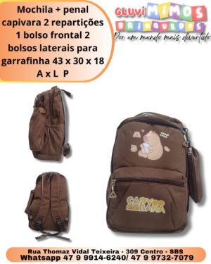 Mochila + penal capivara 2 repartições 1 bolso frontal 2 bolsos laterais para garrafinha 43 x 30 x 18 A x L  P