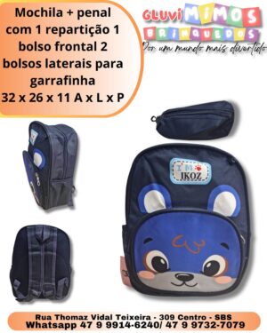 Mochila + penal com 1 repartição 1 bolso frontal 2 bolsos laterais para garrafinha 32 x 26 x 11 A x L x P