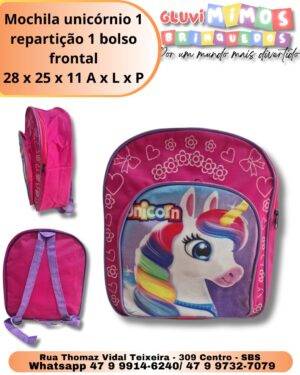Mochila unicórnio 1 repartição 1 bolso frontal 28 x 25 x 11 A x L x P