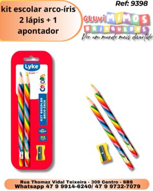 kit escolar arco-íris 2 lápis + 1 apontador