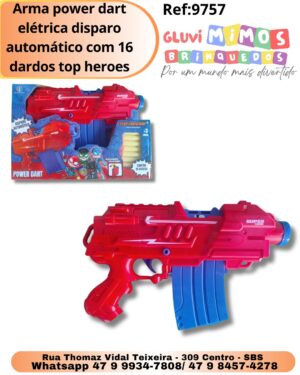 Arma power dart elétrica disparo automático com 16 dardos top heroes