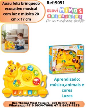 Auau feliz brinquedo ecucativo musical com luz e música 20 cm x 17 cm