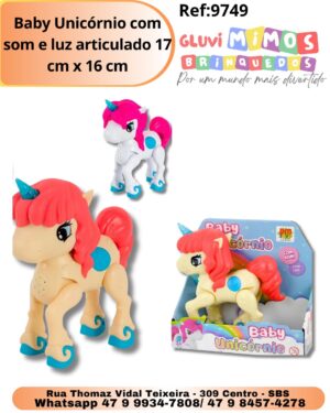 Baby Unicórnio com som e luz articulado 17 cm x 16 cm