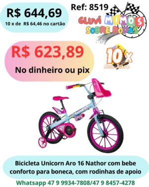 Bicicleta Unicorn Aro 16 Nathor com bebe conforto para boneca, com rodinhas de apoio