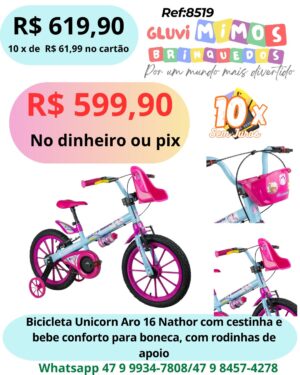 Bicicleta Unicorn Aro 16 Nathor com cestinha e bebe conforto para boneca, com rodinhas de apoio