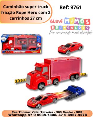 Caminhão super truck fricção Rope Hero com 2 carrinhos 27 cm