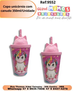 Copo unicórnio com canudo 350ml/Unidade