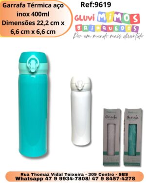 Garrafa Térmica aço inox 400ml Dimensões 22,2 cm x 6,6 cm x 6,6 cm