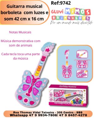 Guitarra musical borboleta  com luzes e som 42 cm x 16 cm