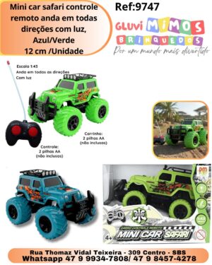 Mini car safari controle remoto anda em todas direções com luz, Azul/Verde 12 cm /Unidade