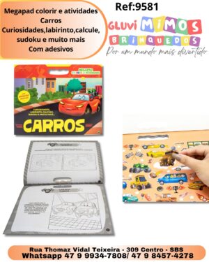 Megapad colorir e atividades Carros Curiosidades,labirinto,calcule,sudoku e muito mais Com adesivos