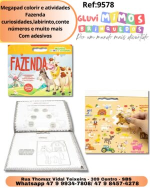 Megapad colorir e atividades Fazenda curiosidades,labirinto,conte números e muito mais     Com adesivos