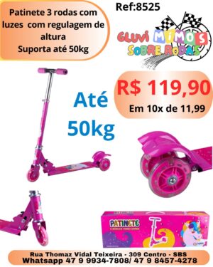 Patinete 3 rodas com luzes  com regulagem de altura Suporta até 50kg