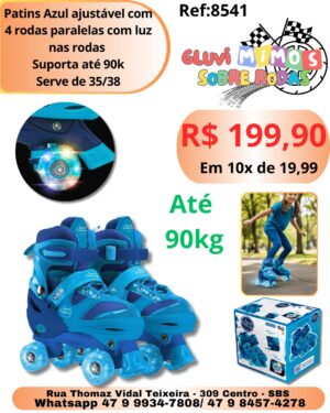 Patins Azul ajustável com 4 rodas paralelas com luz nas rodas  Suporta até 90k Serve de 35/38