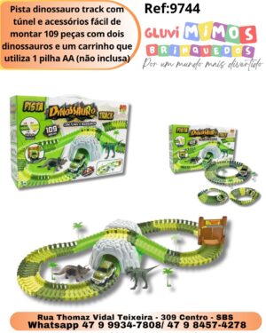 Pista dinossauro track com túnel e acessórios fácil de montar 109 peças com dois dinossauros e um carrinho que utiliza 1 pilha AA (não inclusa)