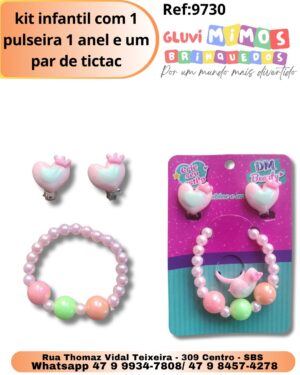 kit infantil com 1 pulseira 1 anel e um par de tictac