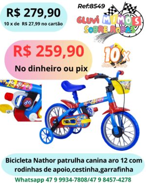 Bicicleta Nathor patrulha canina aro 12 com rodinhas de apoio,cestinha,garrafinha