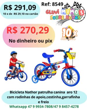 Bicicleta Nathor patrulha canina aro 12 com rodinhas de apoio,cestinha,garrafinha