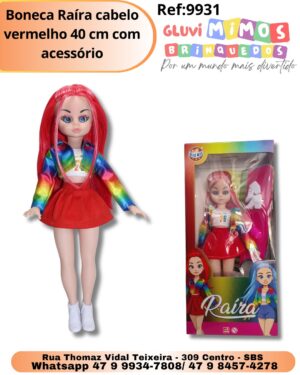 Boneca Raíra cabelo vermelho 40 cm com acessório