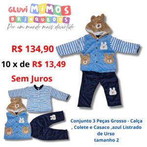 Conjunto 3 Peças Grosso - Calça , Colete e Casaco ,azul Listrado de Urso  tamanho 2