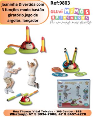 Joaninha Divertida com 3 funções modo bastão giratório,jogo de argolas, lançador